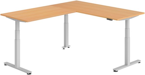 bümö Eckschreibtisch elektrisch höhenverstellbar L-Form: 180 x 220 cm in Buche, Gestell silber - Stehschreibtisch mit Memory-Steuerung, elektrischer XXL Schreibtisch für die Ecke, XDSMW-1914-6-S