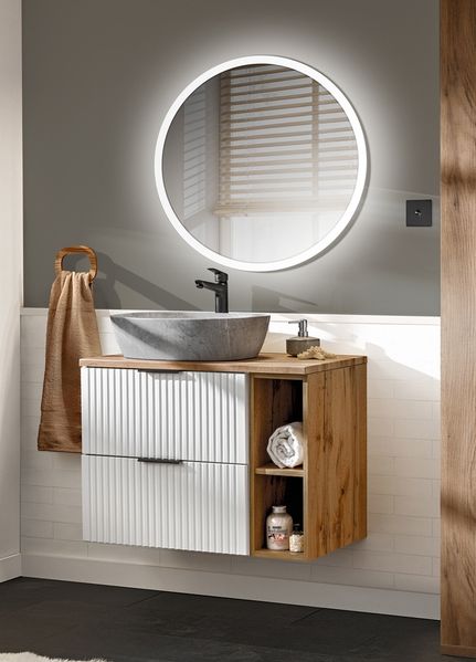 Badezimmer Waschplatz Set 2-teilig weiß ADELAIDE-56-WHITE Modern mit Eiche Nb, Front in Rillenoptik
