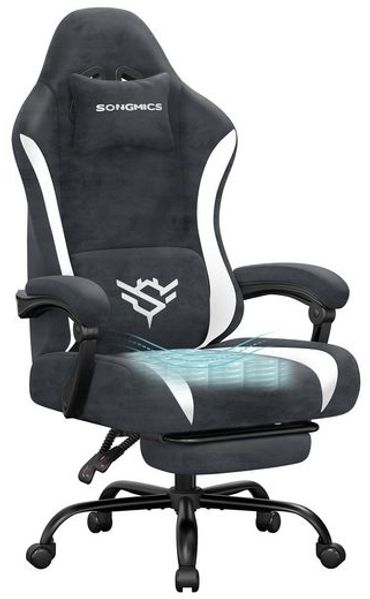 SONGMICS Gaming Stuhl, Ergonomischer Bürostuhl aus Polyester, mit Fußstütze und Lendenkissen, 135° Neigung, 70 x 70 x (120-130) cm, Dunkles Karbongrau und Wolkenweiß, Cathy Kollektion