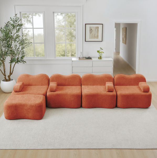 Modulares Ecksofa aus Samt, rahmenloses Wellen-Design, 384 x 167 x 70 cm, orange, ohne Montage