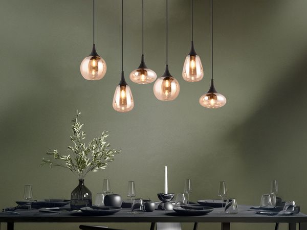 Pendelleuchte LUMINA 6-flammig, Glasschirme amberfarbig, Breite 93cm