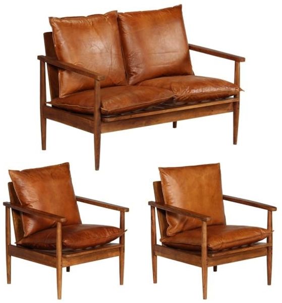 vidaXL 3-tlg. Sofagarnitur Echtleder mit Massivholz Akazie Braun 3099031