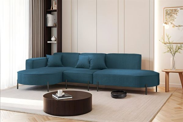 Ecksofa Designersofa VALENCIA in Stoff Scala Blau Ottomane Links