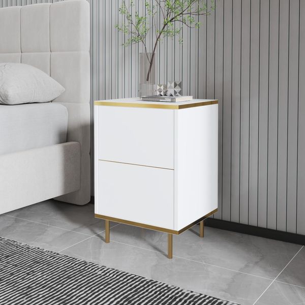 Hanah Home Elegant Nightstand with Wall-Mount Option, White & Gold, 40 x 60 x 35 cm | 100% Melamine Coated Particle Board, 18 mm Thick | Stylish Storage Solution