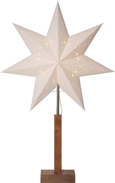 BUVTEC LED Standleuchte Stern Karo mit Holzfuß aus FSC®-Akazienholz – Weißer Papierstern 43 x 70 cm – Weihnachtsstern für Fenster, Wohnzimmer & Weihnachtsdekoration