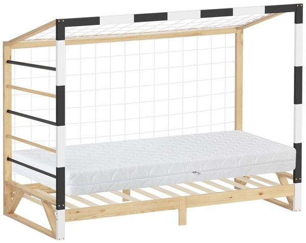 ML-DESIGN Spielbett Kinderbett Fußballtor Holzbett mit Lattenrost Kletterleiter & Netz, Abenteuerbett 90x200cm Natur für Kinder aus Kiefernholz mit Matratze