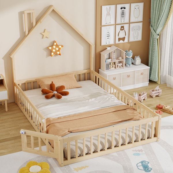 Hausbett, 140 x 190 cm, Kinderbett mit Schornsteinform, Bett mit Lattenrost (ohne Matratze), Kiefernholz, Minimalistischer Stil, Natur