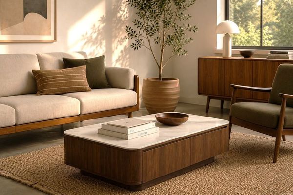 Vintagehaus Couchtisch Almira Warm-Scandi 2-Schub Marmoroptik