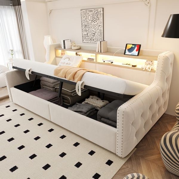 Polsterbett Schlafsofa 90 x 200 cm, Mit hydraulischem Stauraum, Weicher, Dicker Rückenlehne und Armlehnen, Mit LED-Beleuchtung, Ablagefach, Steckdose und Ladeanschluss, Komplett mit Lattenrost, Beige
