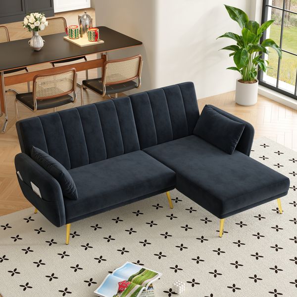 Ecksofa 191,5 x 130,5 x 80 cm mit Schlaffunktion – Samtsofa in Schwarz, verstellbare Rückenlehne
