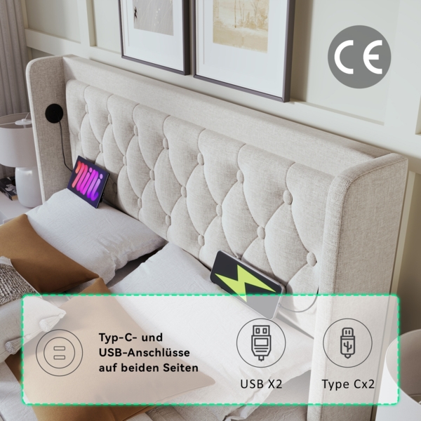 Polsterbett 160x200 cm aus Baumwolle mit Stauraum, USB- und Type-C-Anschlüssen und LED-Beleuchtung Bild 5