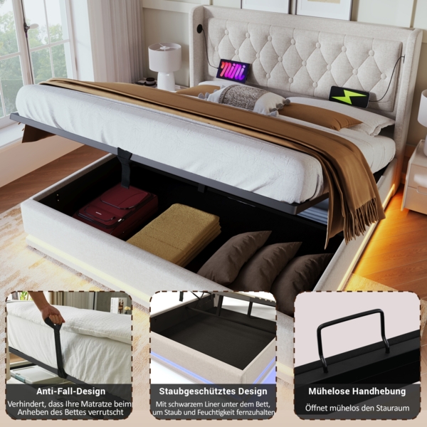 Polsterbett 160x200 cm aus Baumwolle mit Stauraum, USB- und Type-C-Anschlüssen und LED-Beleuchtung Bild 6