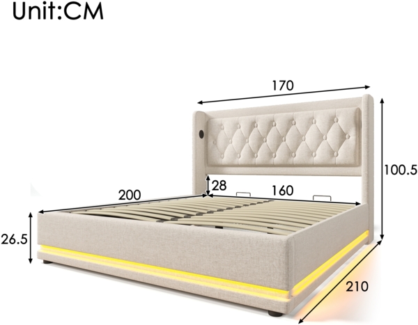 Polsterbett 160x200 cm aus Baumwolle mit Stauraum, USB- und Type-C-Anschlüssen und LED-Beleuchtung Bild 9