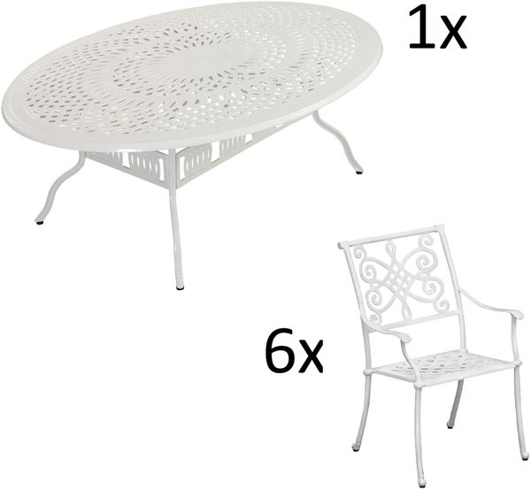 Inko 7-teilige Sitzgruppe Alu-Guss weiß Tisch oval 216 x 152 x 74 cm cm mit 6 Sesseln Tisch 216x152 cm mit 6x Sessel Nexus