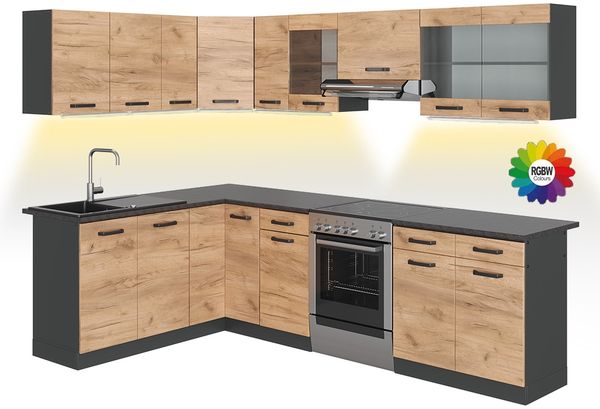 Eckküche Rick Goldkraft Eiche/Anthrazit 270 x 60 cm , AP Schwarz mit LED-Leisten Vicco