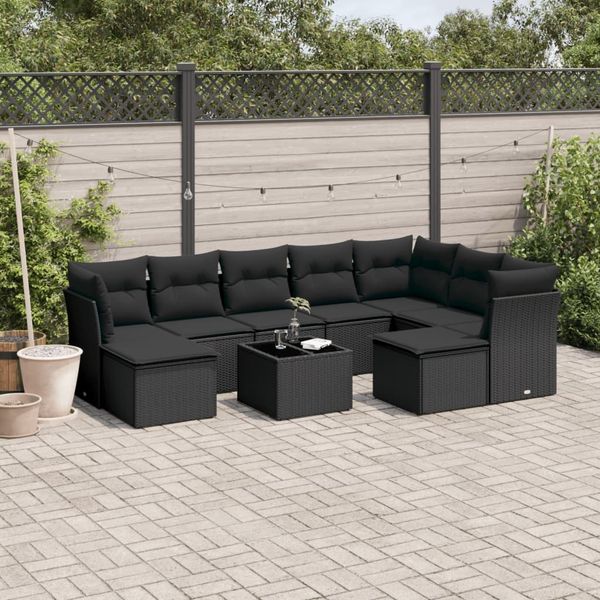 vidaXL 10-tlg. Garten-Sofagarnitur mit Kissen Schwarz Poly Rattan 3218575