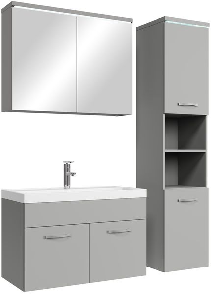 Badplaats Badmöbel Komplettset Paso LED 80 x 40 cm Grau Matt - Badezimmermöbel mit Waschbecken, Spiegelschrank und Badezimmerschrank