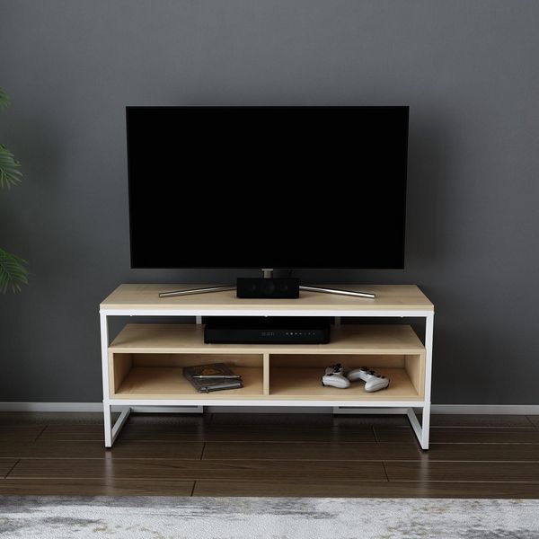 Hanah Home Stylish TV Stand, White & Oak, 110 x 35 x 49.9 cm | 100% Melamine Coated Particle Board, 18 mm Thick | Modern Design for Living Room & Entertainment Spaces