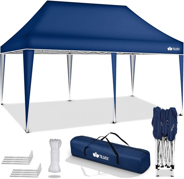 tillvex Pavillon 3x6m Blau wasserdicht | Pop-Up Faltpavillon höhenverstellbar | Gartenzelt UV Schutz 50+ | Partyzelt mit Tasche für Garten