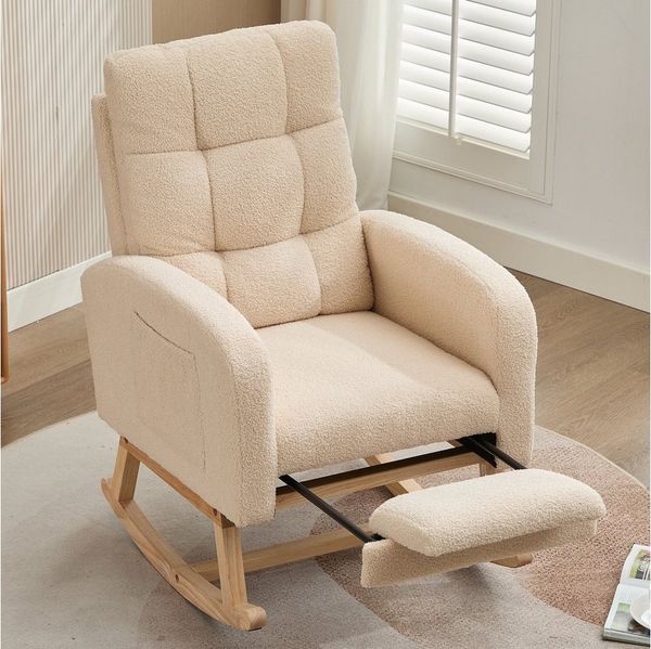 STILVORA Schaukelstuhl mit versteckten Beinstützen,Schaukelsessel mit Armlehne aus Teddy-Samt (Relaxsessel, Wohnzimmersessel, Schlafzimmersessel, 1 St), Seitentasche, Ideal für Wohnzimmer, Büro oder Kinderzimmer