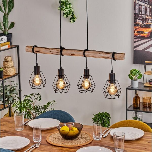 hofstein Hängeleuchte Pendelleuchte aus Metall/Holz in Schwarz/Natur, ohne Leuchtmittel, retro Hängelampe,Holzstab(80cm),max. 177,5cm, 4xE27, ohne Leuchtmittel