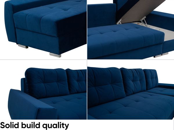 MEBLINI Schlafcouch mit Bettkasten - FURLA - 250x151x90cm Rechts - Blau Samt - Kleines Ecksofa mit Schlaffunktion - Sofa mit Relaxfunktion und Kissen - Kleine Couch L-Form - Eckcouch Bild 3