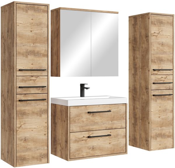 Badplaats Badmöbel Komplettset Florence XL 60 x 35 cm Kastanien Eiche - Badezimmermöbel mit Waschbecken, Spiegelschrank und 2 Hochschränke