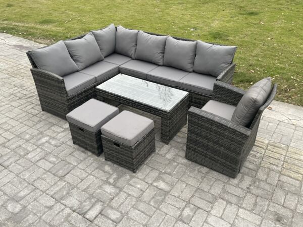 Famous 9 - Sitzer Outdoor Rattan Gartenmöbel Set, Ecksofa, Länger Couchtisch Sets mit Terrassen 2 kleine Fußhocker, Sesseln, Dunkelgrau gemischt