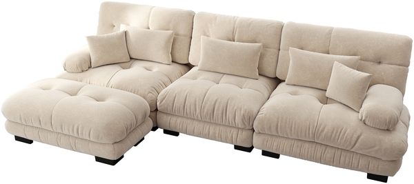 Ecksofa, Luxuriöses modulares Ecksofa Übergroßes L-förmiges Cloud Couch für Wohnzimmer tiefes Schlafsofa mit Ottoman, Cord+Chenille, Hellbraun Bild 5