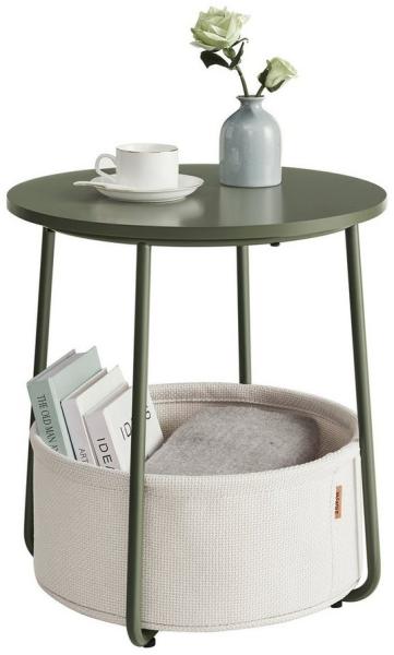 VASAGLE Beistelltisch mit Korb aus Stoff, Holzspanplatte, Ø 45x50 cm, Waldgrün / Cremeweiß