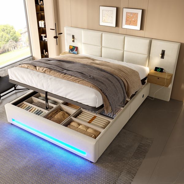 LVHOM Polsterbett 180x200cm mit LED&USB, Doppelbett mit Stauschubladen und Leselampen, Stauraumbett Samtstoff, Beige