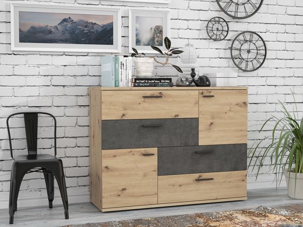 Kommode Sideboard SKIVE Optik: Artisan Eiche / Betonoptik dunkelgrau