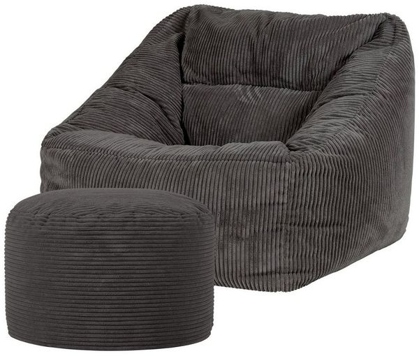 Icon Morgan Sitzsack Sessel mit Runden Hocker, Dunkelgrau, Cord Sessel, Sitzsack Erwachsene mit Füllung, Lounge Sessel, Sessel Wohnzimmer, Sessel Schlafzimmer