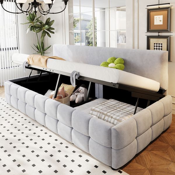 Polsterbett Sofabett, Mit Hydraulischem Stauraum, Rückenlehne Ohne Armlehnen, Mit Markantem, Klassischem Karomuster Am Unteren Rand, Multifunktionales Einzelbett, Samtstoff, Hellgrau, 90 × 200 cm