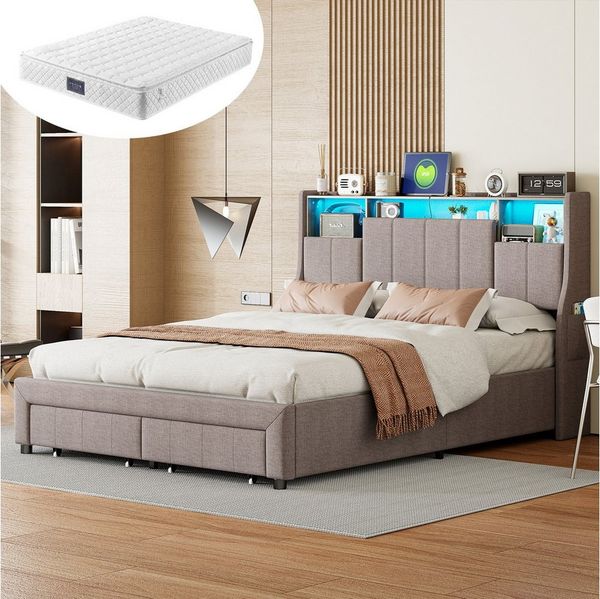 Furnishings Home Polsterbett Doppelbett Stauraumbett, Mit Matratze (Inkl. Zwei USB + Zwei Steckdosen), Mit LED Beleuchtung, Ladefunktion, 2 Schubladen, Leinen, 140x200 cm