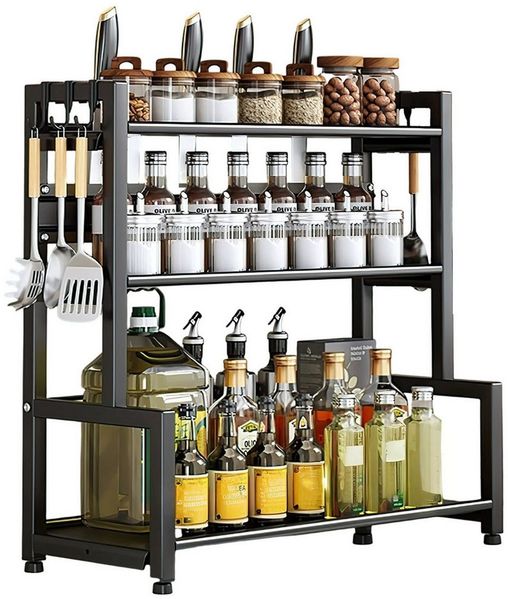 HEYHIPPO Küchenregal Gewürzregal 3-stöckig, Küchenablage aus Kohlenstoffstahl, 50×21×49cm, Küchenorganizer mit Messerhalter und 4 abnehmbaren Haken, Schwarz