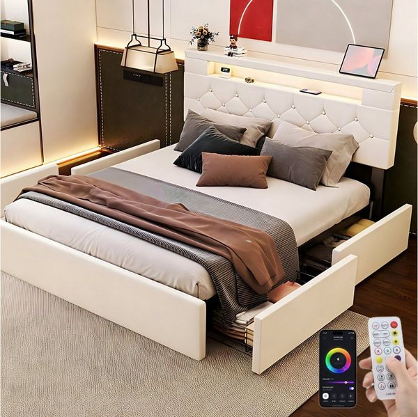 oyajia Polsterbett Doppelbett mit LED Licht 140x200 cm,Stauraumbett mit 4 Schubladen (Leinenmaterial Polsterbett mit RGB Beleuchtung), mit Lattenrost und Ladefunktion, mit Komforthöhe, Leises Design