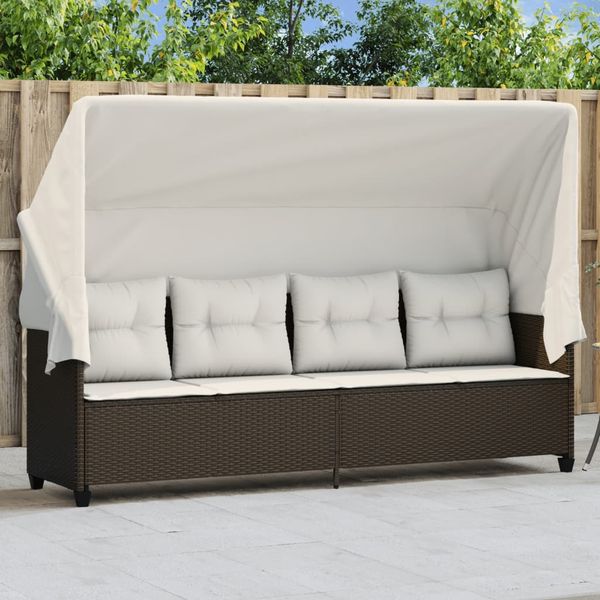 vidaXL Sonnenliege mit Dach und Kissen Braun Poly Rattan 368336