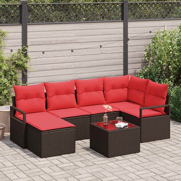 vidaXL Sofa Set mit Kissen 7 pcs Braun und Rot Poly-Rattan 3355133