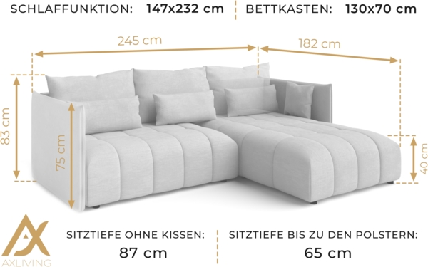 AX LIVING Gaziante Eckschlafcouch mit Bettkasten 245 cm grau Bild 9