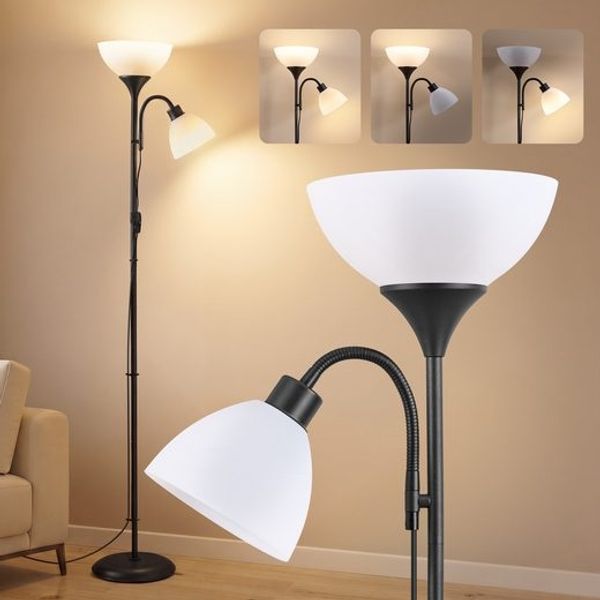 VASAGLE Deckenfluter Stehlampe mit Verstellbarer Leselampe 38,5 x 23,5 x 176 cm Schwarz