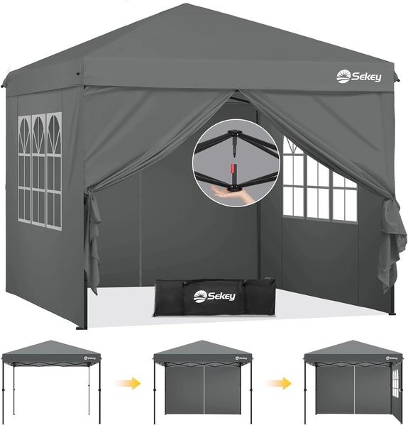 Sekey Premium Pop Up Pavillon 3x3 Wasserdicht Stabil, 3 x 3 m Pavillon mit Seitenwänden, Faltpavillon Partyzelt Faltbar für Camping Party, Höhe Verstellbar 250-270cm, (Grau, Mit Seitenwänden)