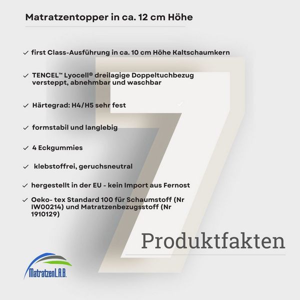 MatratzenL.A.B®, Topper TENCEL™ Lyocell® Premium Bezug, 160 x 200, H4/H5 sehr fest, 12 cm hoch, Kaltschaum, Matratzentopper ideal für Ihre Boxspringbett. klebstofffrei