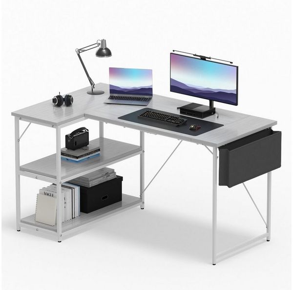HOMALL Computertisch Eckschreibtisch Reversibel L Förmiger Schreibtisch mit Regal (Die Monitorhalterung ist verstellbar und verfügt über zwei Steckdosen und zwei USB-Anschlüsse, drei Stoffschubladen und drei Gitterablagen. Sie kann links oder rechts an...