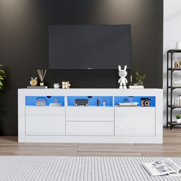 TV-Schrank, Hochglanz, mit App-LED-Licht, Push-open-Schubladen & Kabelmanagement, 160x35x60 cm, Weiß