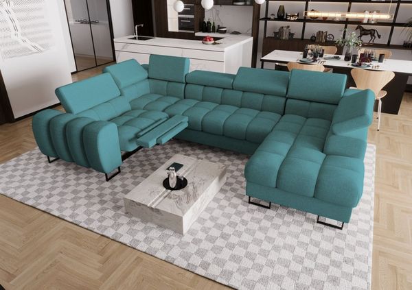 Wohnlandschaft Schlafsofa BASTIEN RELAX in Stoff Moly Türkis Ottomane Rechts