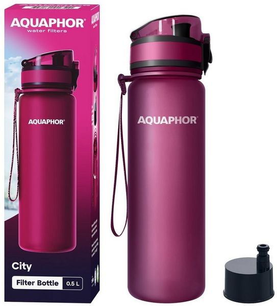 AQUAPHOR Trinkflasche CITY Flasche mit Wasserfilter für unterwegs, 500ml. I, Filter mit Aktivkohle I Aus Tritan & BPA-frei I rubin