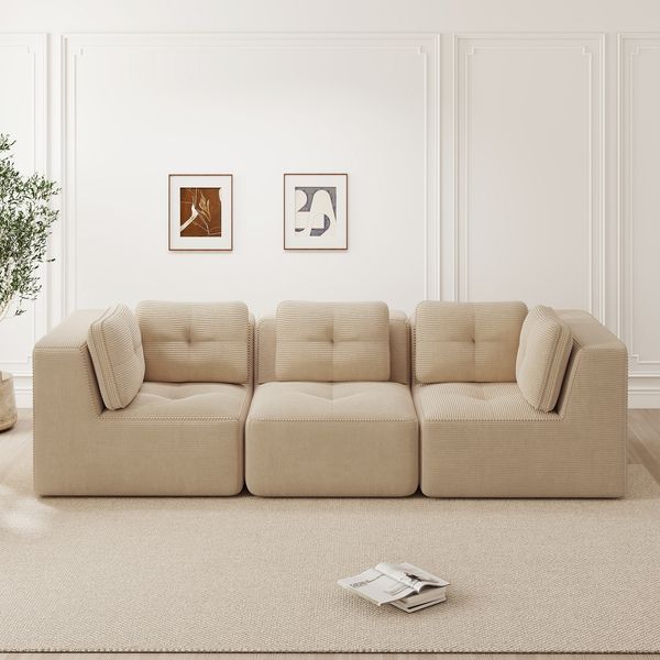Modulares Ecksofa H 69 x T 297 x B 104 cm aus Cord in Beige, flexibel kombinierbar