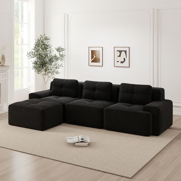 3-Sitzer Wohnlandschaft in L-Form H 69 x T 293 x B 177 cm aus Cord mit Ottoman, modular, 74 cm Sitztiefe, schwarz