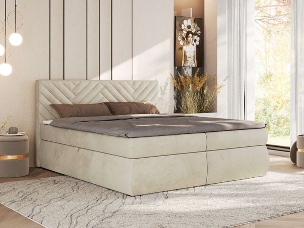 Boxspringbett AVERTA 180 x 200 cm mit Bettkasten und Topper, Doppelbett mit Bonnell-Federkernmatratze, gepolstertem Kopfteil, Stauraum, modernes Schlafzimmer Bett - Beige Velvet - H4